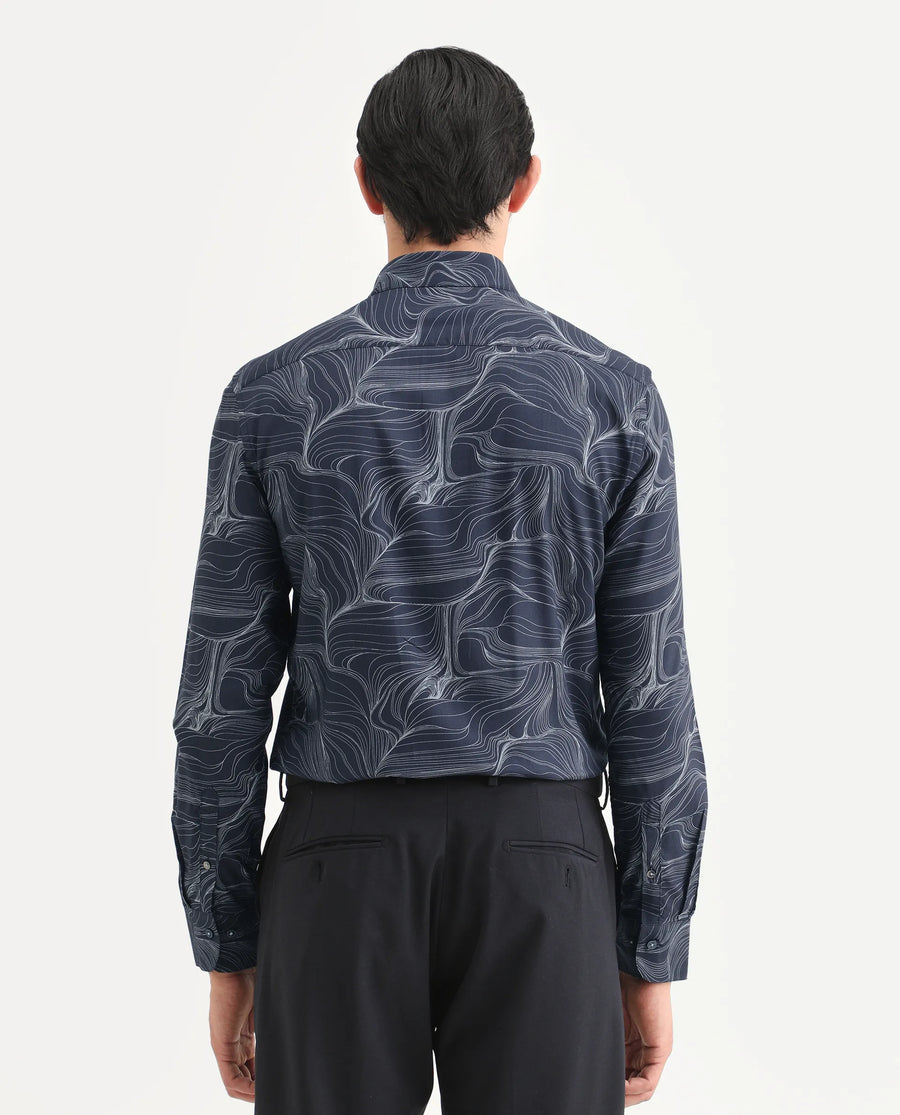 Rare Rabbit Men's Gravel Navy Viscose Abstract Print Regular Fit Full Sleeve Collared Shirt