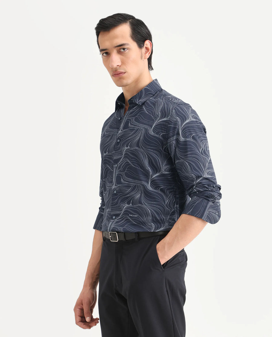 Rare Rabbit Men's Gravel Navy Viscose Abstract Print Regular Fit Full Sleeve Collared Shirt