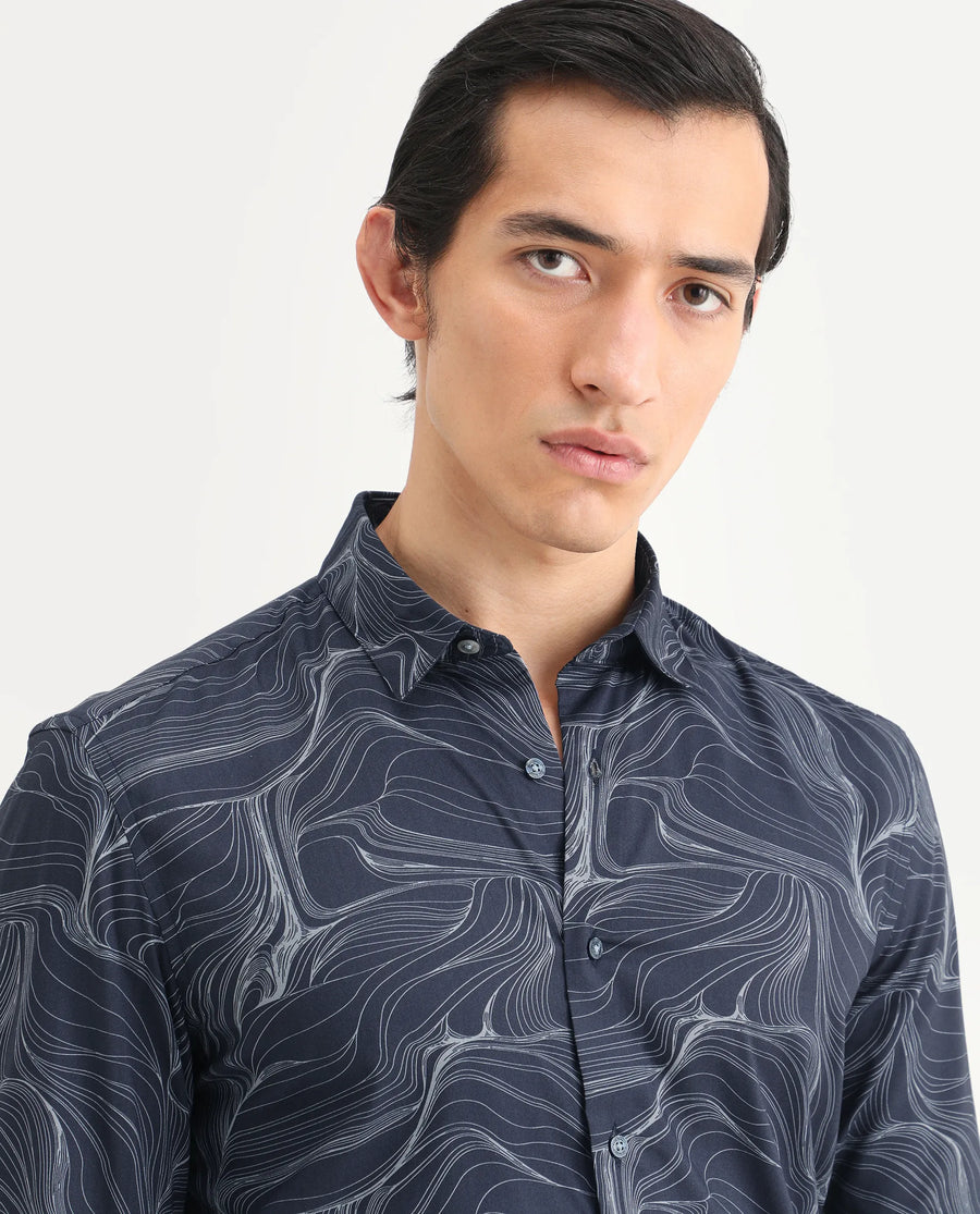 Rare Rabbit Men's Gravel Navy Viscose Abstract Print Regular Fit Full Sleeve Collared Shirt