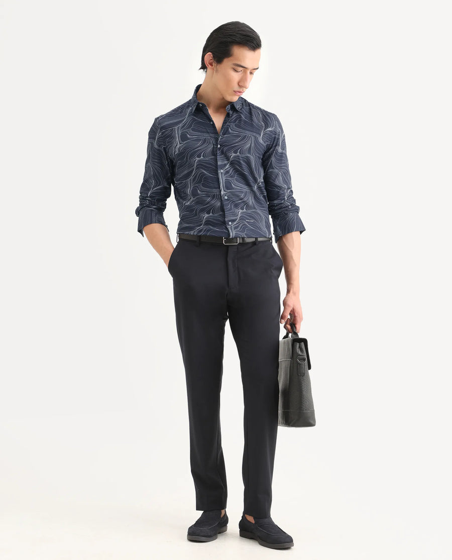 Rare Rabbit Men's Gravel Navy Viscose Abstract Print Regular Fit Full Sleeve Collared Shirt