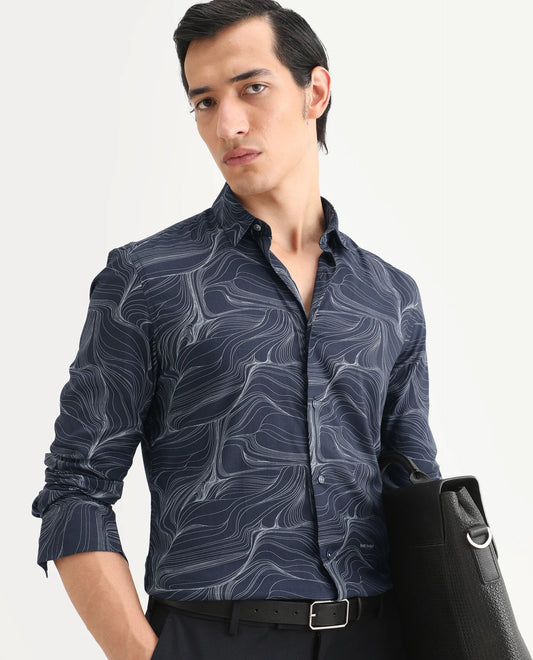 Rare Rabbit Men's Gravel Navy Viscose Abstract Print Regular Fit Full Sleeve Collared Shirt