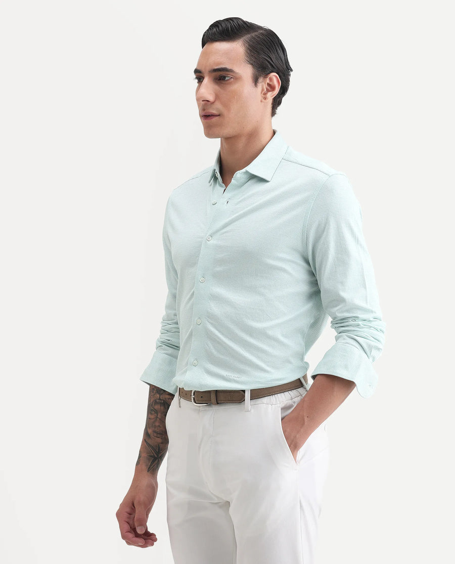 Rare Rabbit Men's Fay Green Cotton Textured Regular Fit Full Sleeve Collared Shirt