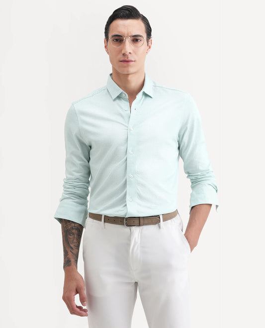 Rare Rabbit Men's Fay Green Cotton Textured Regular Fit Full Sleeve Collared Shirt