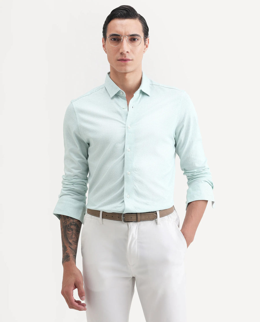Rare Rabbit Men's Fay Green Cotton Textured Regular Fit Full Sleeve Collared Shirt