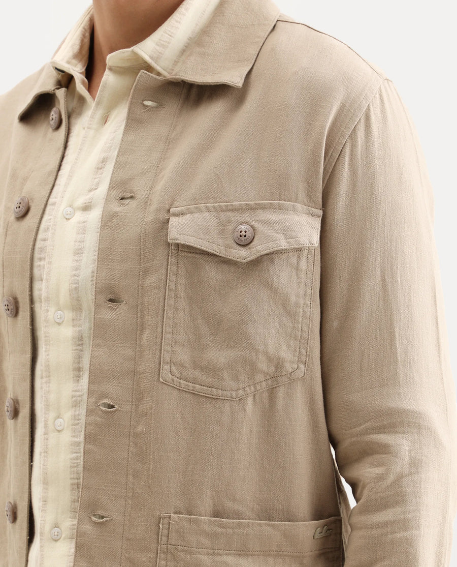 Rare Rabbit Men's Gatton Beige Linen Blend Plain Regular Fit Full Sleeve Spread Collar Jacket