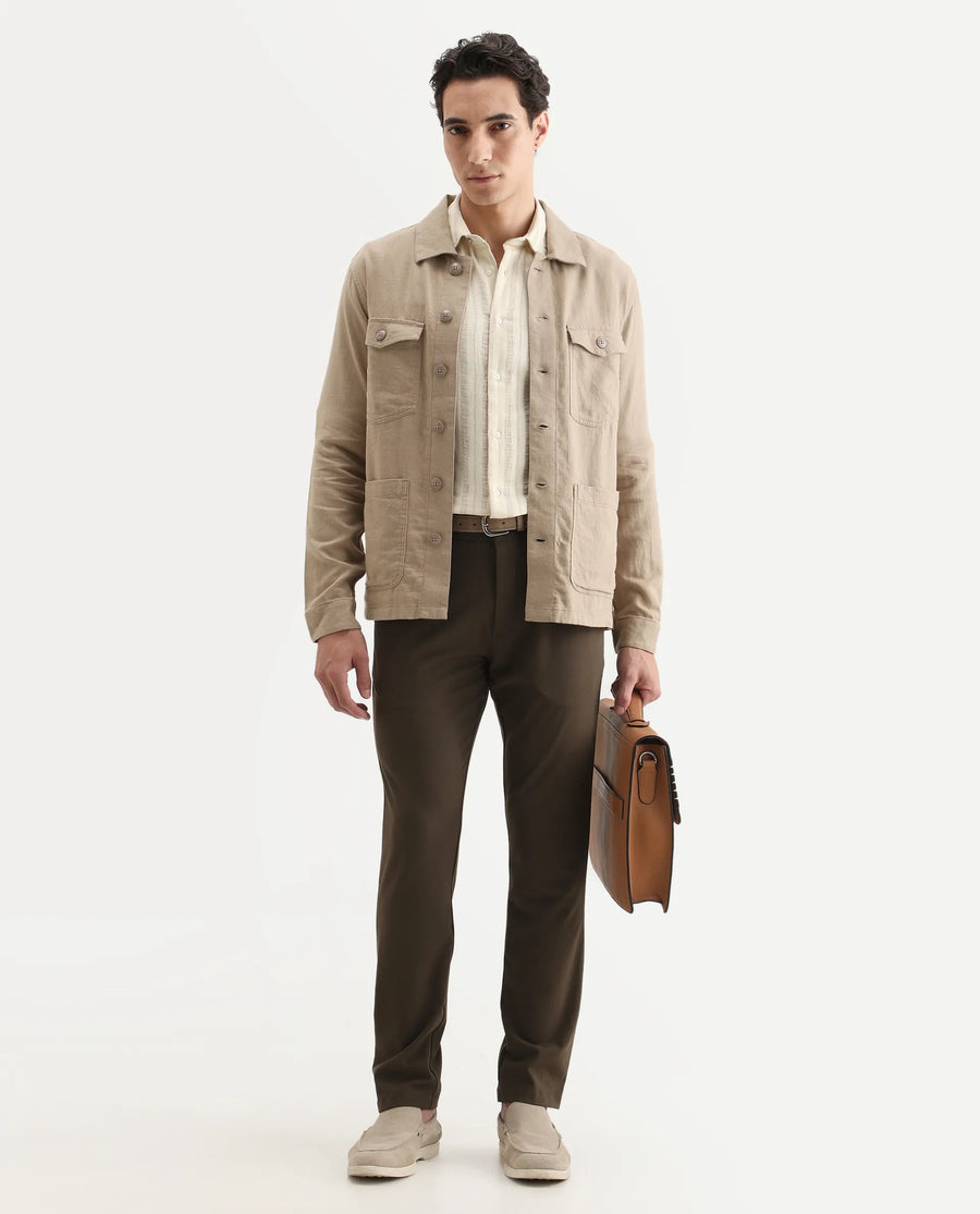 Rare Rabbit Men's Gatton Beige Linen Blend Plain Regular Fit Full Sleeve Spread Collar Jacket