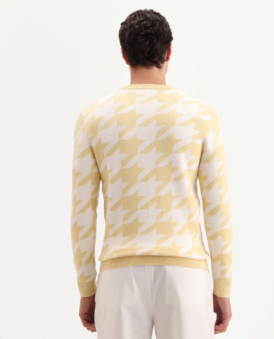 Rare Rabbit Men's Honder Yellow Viscose Jacquard Relaxed Fit Full Sleeve Crew Neck Sweater