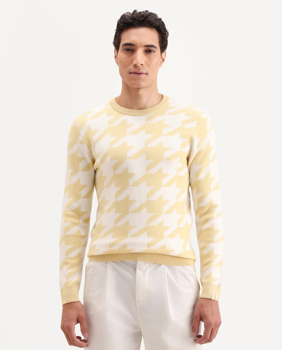 Rare Rabbit Men's Honder Yellow Viscose Jacquard Relaxed Fit Full Sleeve Crew Neck Sweater