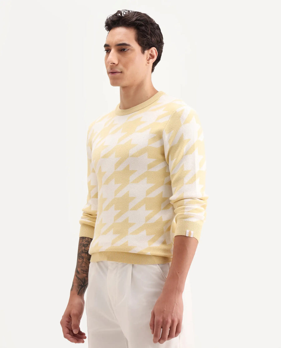 Rare Rabbit Men's Honder Yellow Viscose Jacquard Relaxed Fit Full Sleeve Crew Neck Sweater