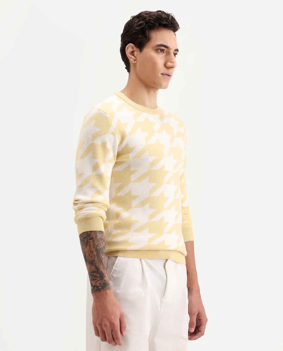 Rare Rabbit Men's Honder Yellow Viscose Jacquard Relaxed Fit Full Sleeve Crew Neck Sweater
