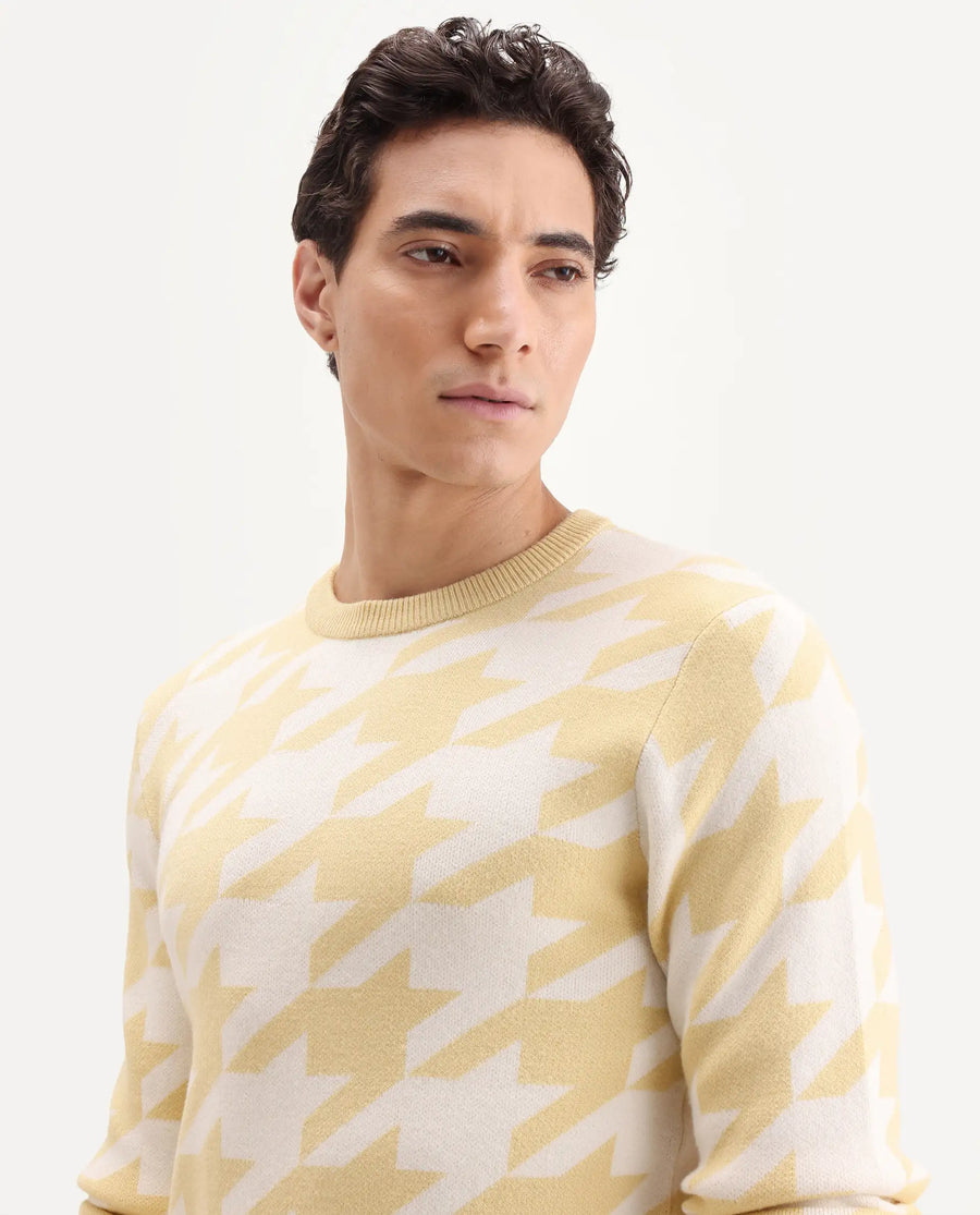 Rare Rabbit Men's Honder Yellow Viscose Jacquard Relaxed Fit Full Sleeve Crew Neck Sweater