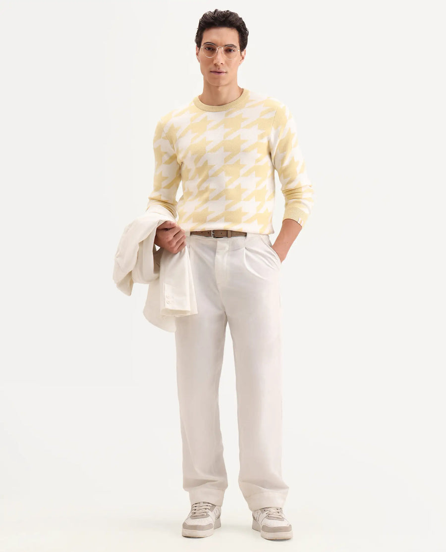 Rare Rabbit Men's Honder Yellow Viscose Jacquard Relaxed Fit Full Sleeve Crew Neck Sweater