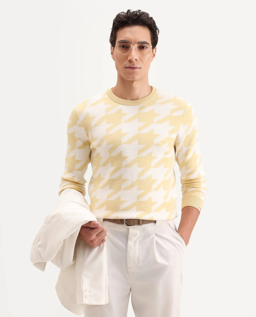 Rare Rabbit Men's Honder Yellow Viscose Jacquard Relaxed Fit Full Sleeve Crew Neck Sweater