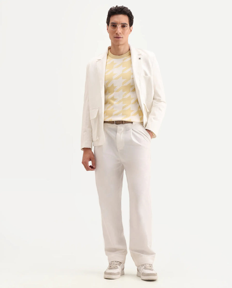 Rare Rabbit Men's Honder Yellow Viscose Jacquard Relaxed Fit Full Sleeve Crew Neck Sweater