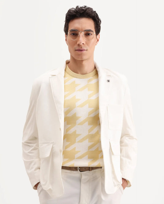 Rare Rabbit Men's Honder Yellow Viscose Jacquard Relaxed Fit Full Sleeve Crew Neck Sweater