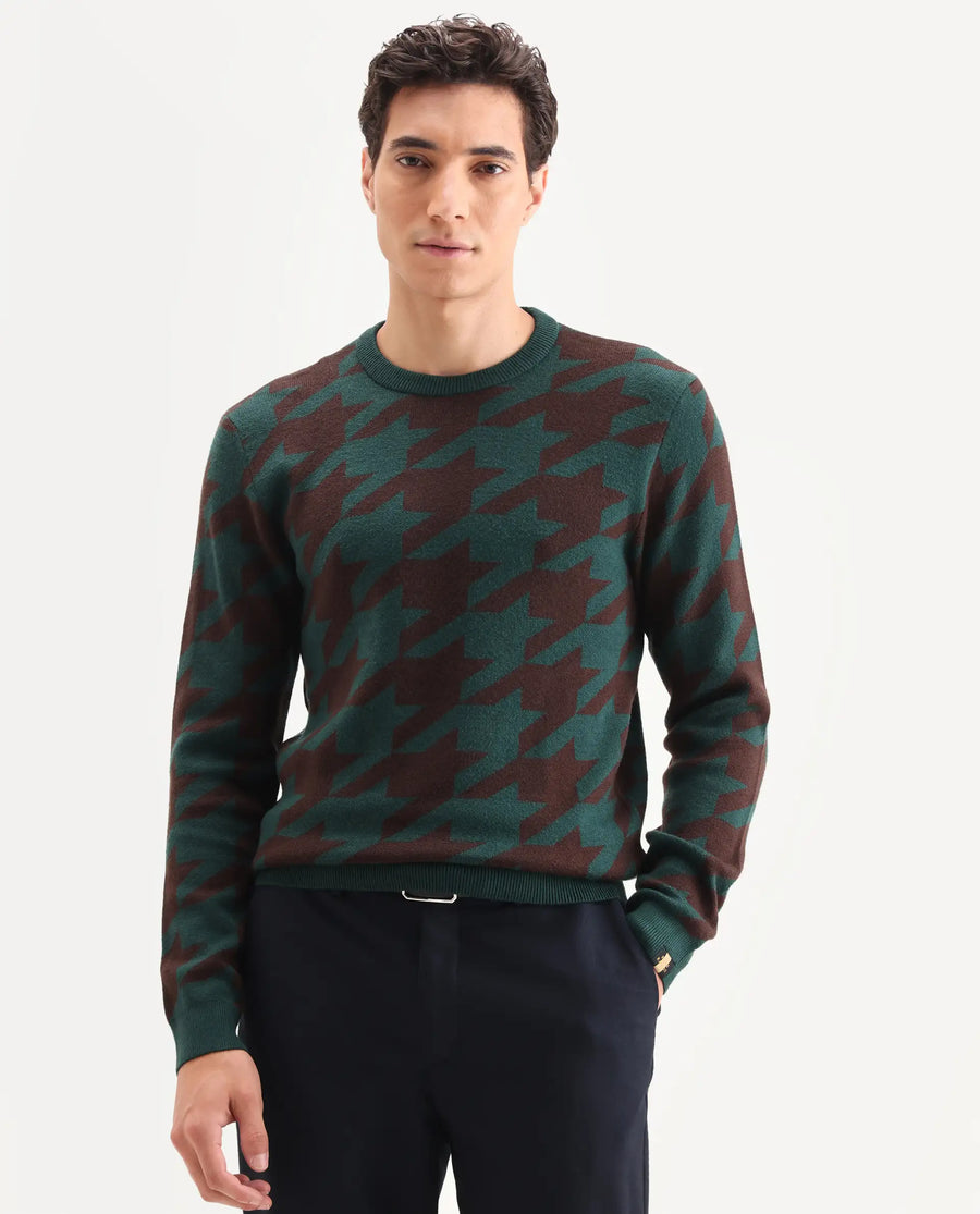 Rare Rabbit Men's Honder Dark Green Viscose Jacquard Relaxed Fit Full Sleeve Crew Neck Sweater