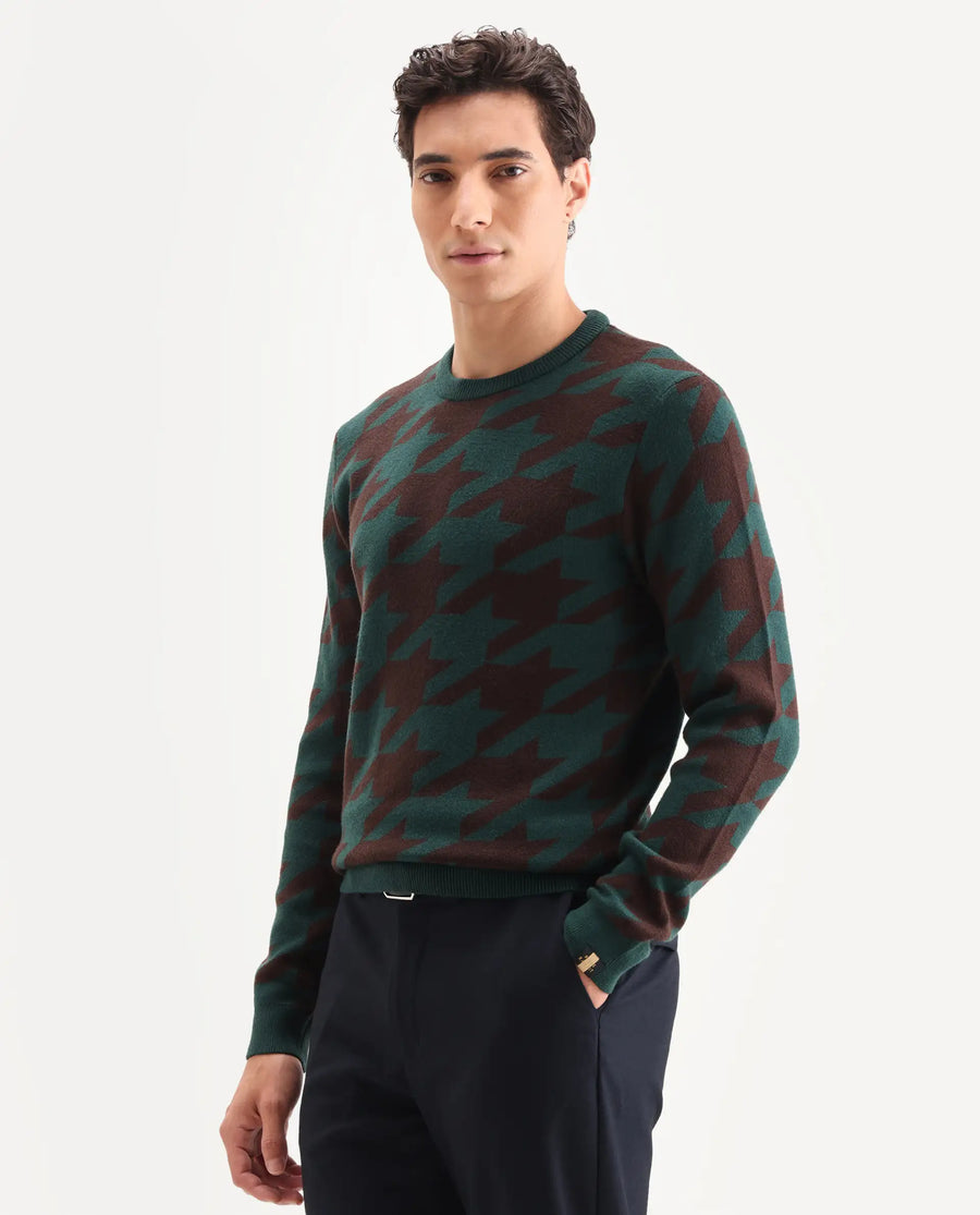 Rare Rabbit Men's Honder Dark Green Viscose Jacquard Relaxed Fit Full Sleeve Crew Neck Sweater