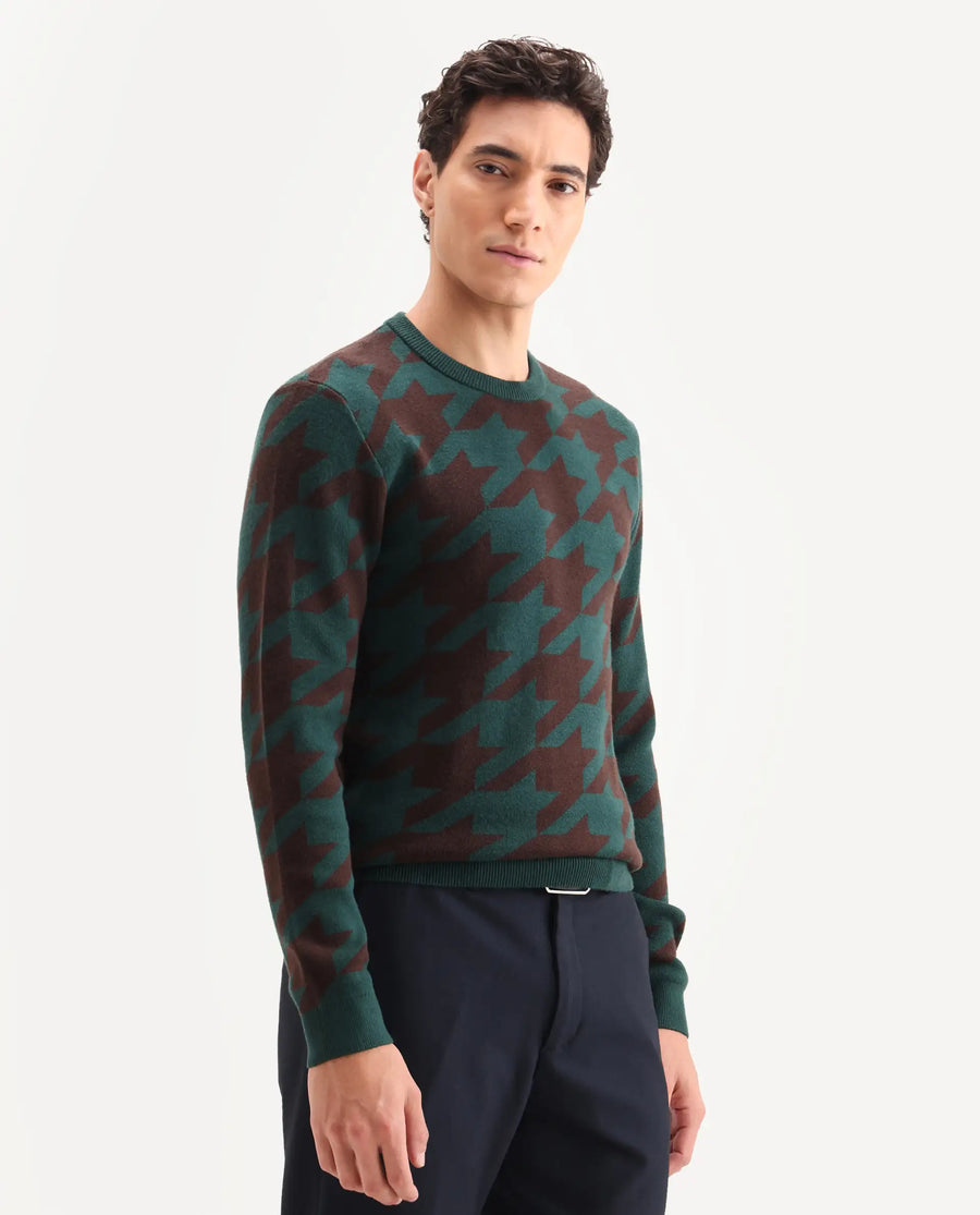Rare Rabbit Men's Honder Dark Green Viscose Jacquard Relaxed Fit Full Sleeve Crew Neck Sweater