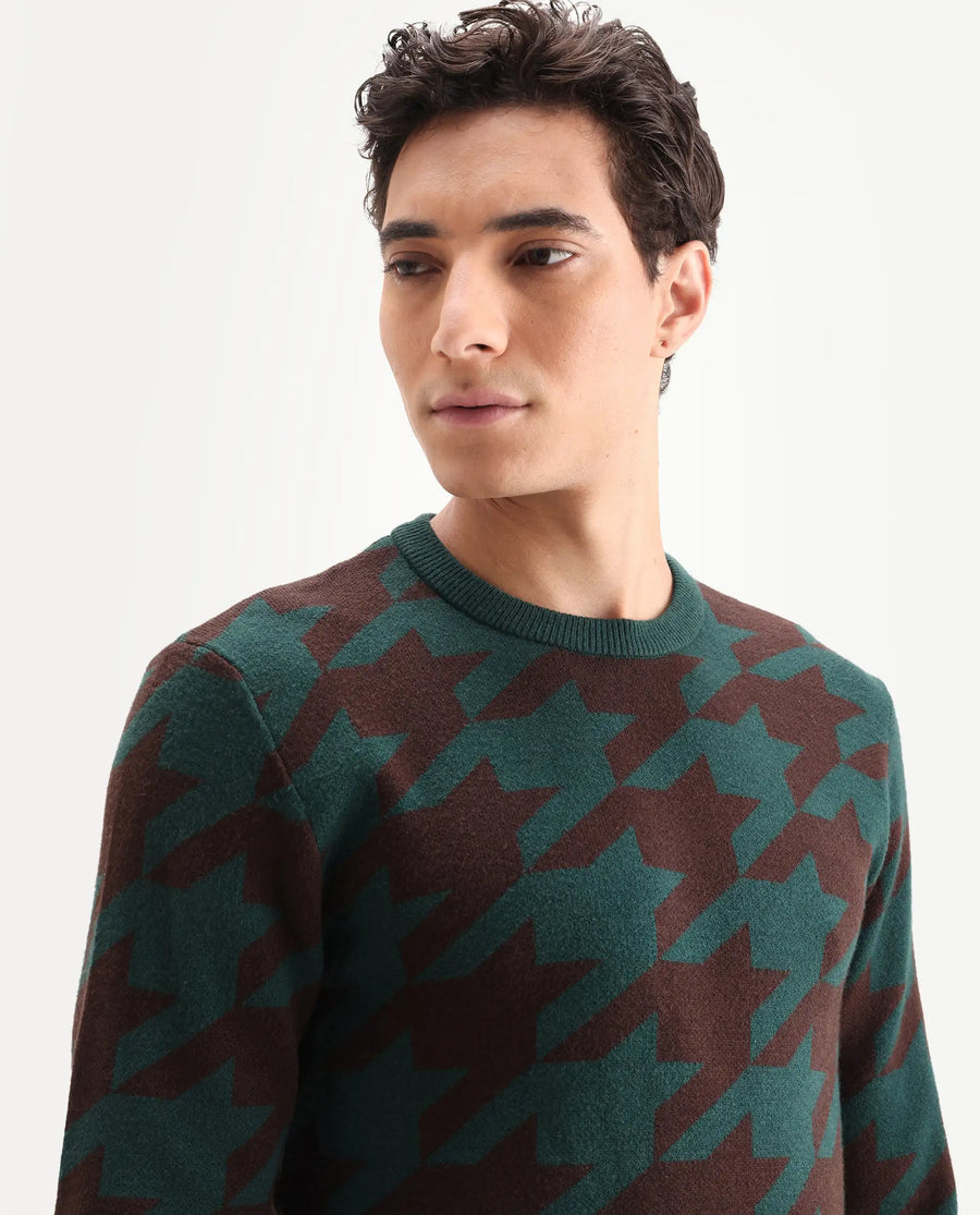 Rare Rabbit Men's Honder Dark Green Viscose Jacquard Relaxed Fit Full Sleeve Crew Neck Sweater