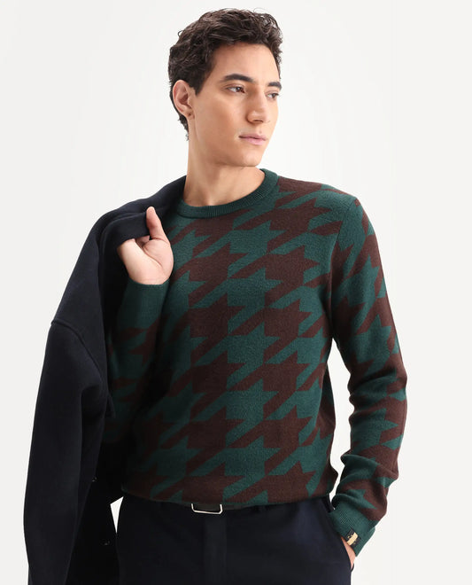 Rare Rabbit Men's Honder Dark Green Viscose Jacquard Relaxed Fit Full Sleeve Crew Neck Sweater