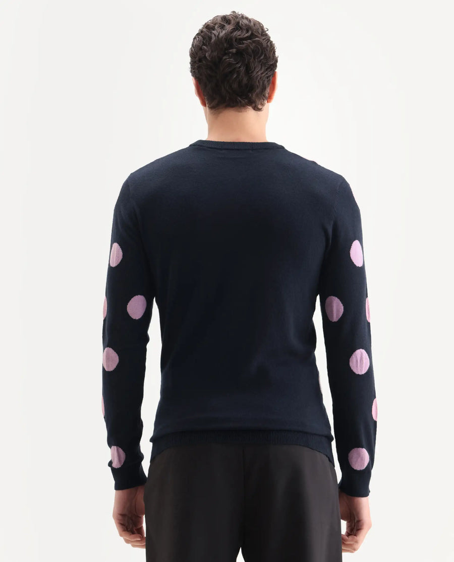 Rare Rabbit Men's Deremy Navy Viscose Polka Print Relaxed Fit Full Sleeve Crew Neck Sweater