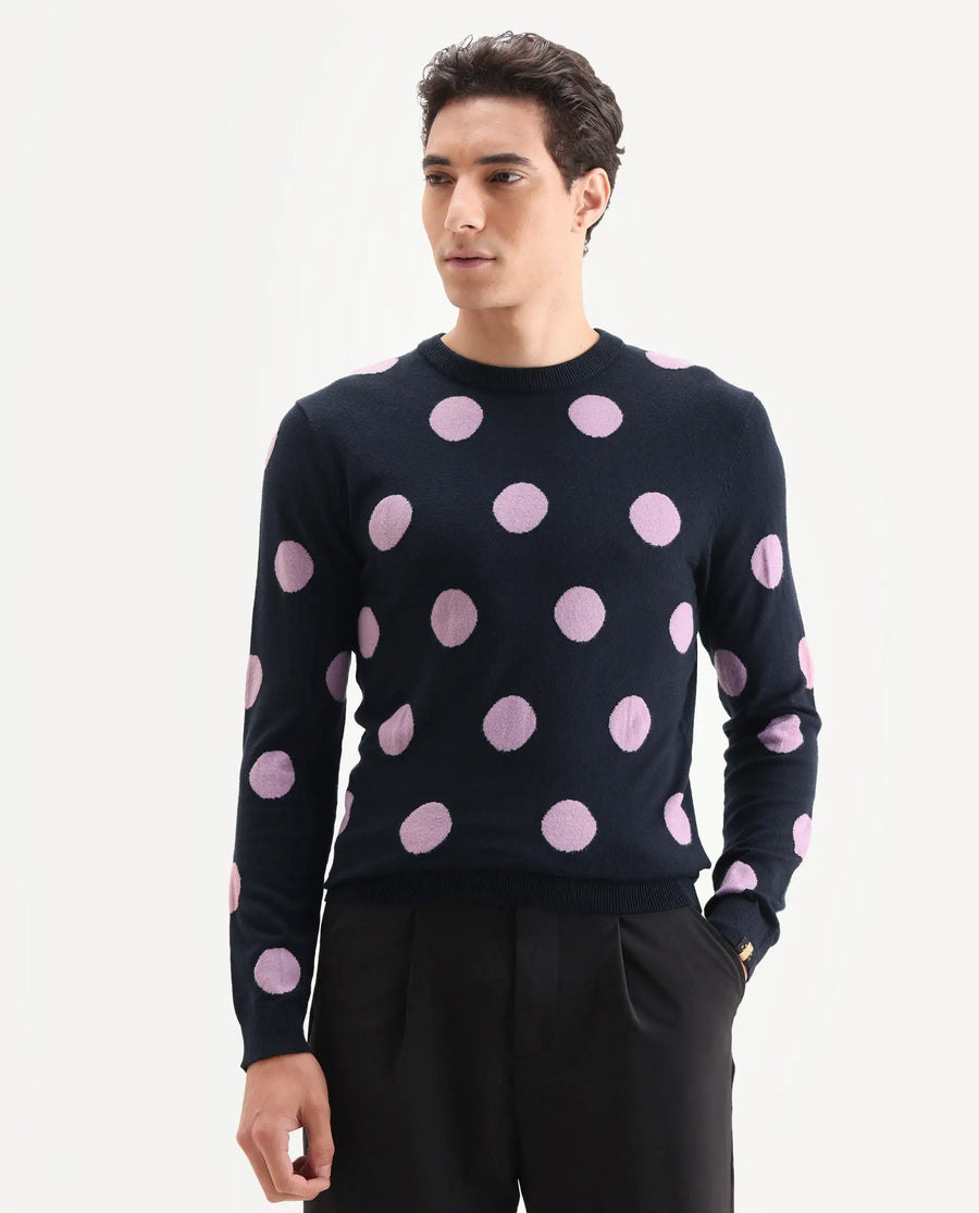 Rare Rabbit Men's Deremy Navy Viscose Polka Print Relaxed Fit Full Sleeve Crew Neck Sweater
