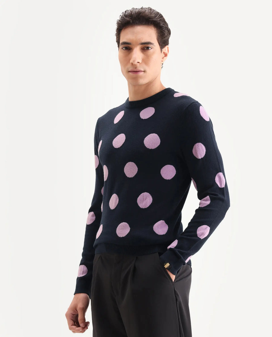 Rare Rabbit Men's Deremy Navy Viscose Polka Print Relaxed Fit Full Sleeve Crew Neck Sweater