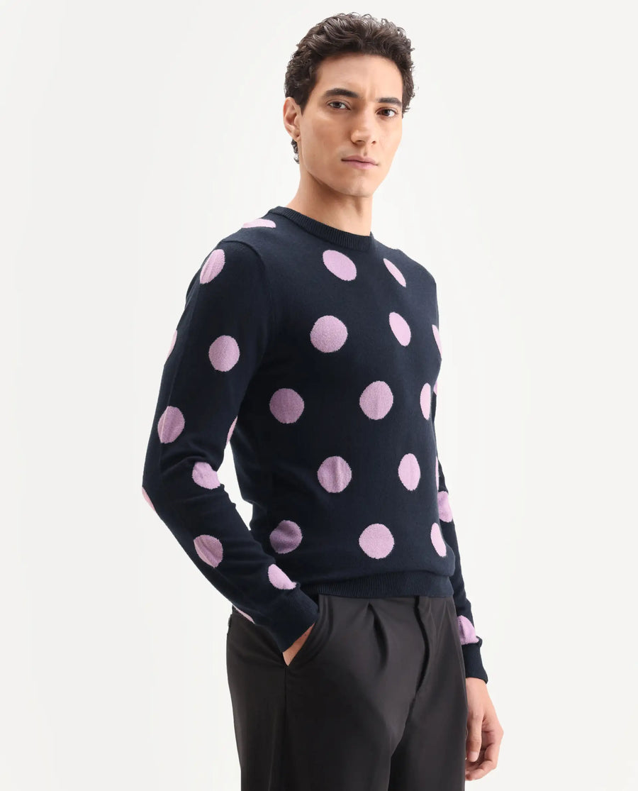 Rare Rabbit Men's Deremy Navy Viscose Polka Print Relaxed Fit Full Sleeve Crew Neck Sweater