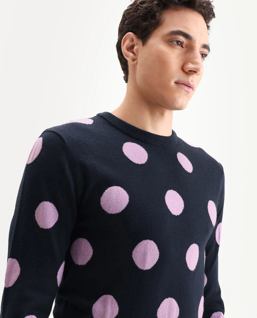 Rare Rabbit Men's Deremy Navy Viscose Polka Print Relaxed Fit Full Sleeve Crew Neck Sweater