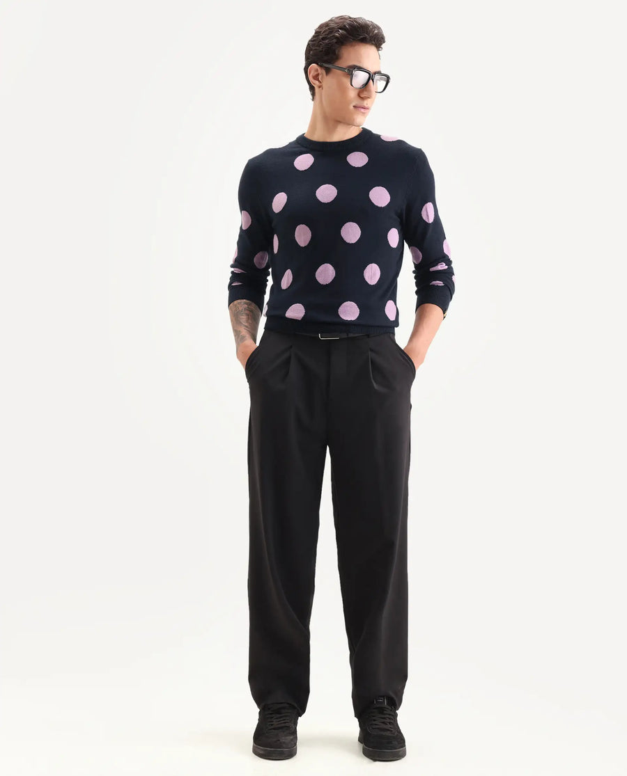 Rare Rabbit Men's Deremy Navy Viscose Polka Print Relaxed Fit Full Sleeve Crew Neck Sweater