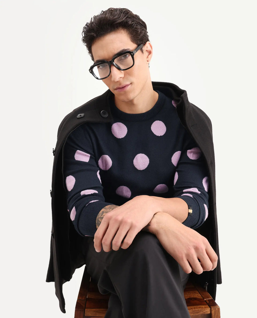 Rare Rabbit Men's Deremy Navy Viscose Polka Print Relaxed Fit Full Sleeve Crew Neck Sweater