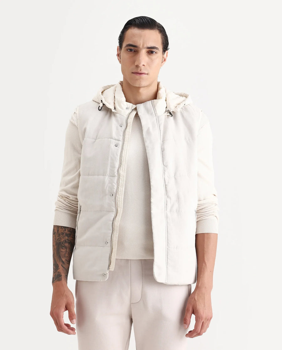 Rare Rabbit Men's Raldo Beige Suede Plain Regular Fit Sleeveless Hooded Jacket