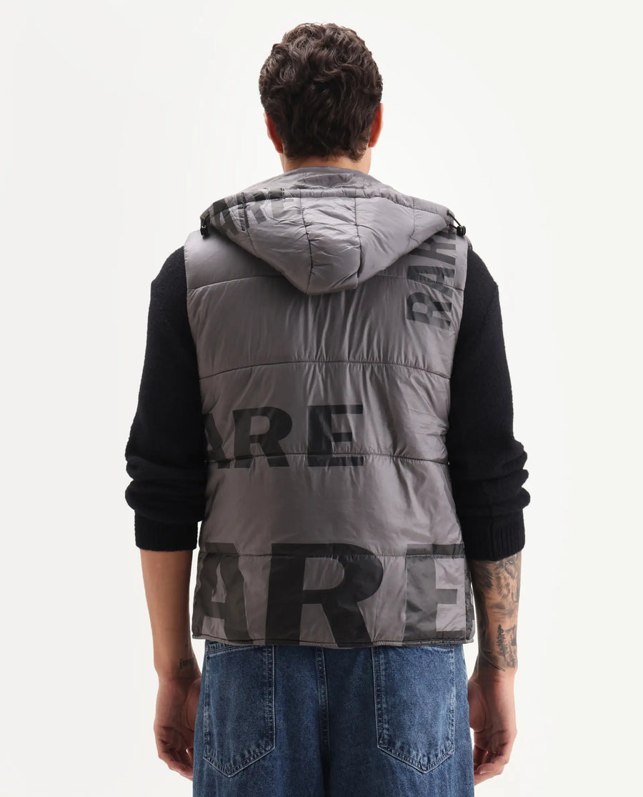 Rare Rabbit Men's Clovex Dark Grey Nylon Monogram Print Regular Fit Sleeveless Hooded Jacket