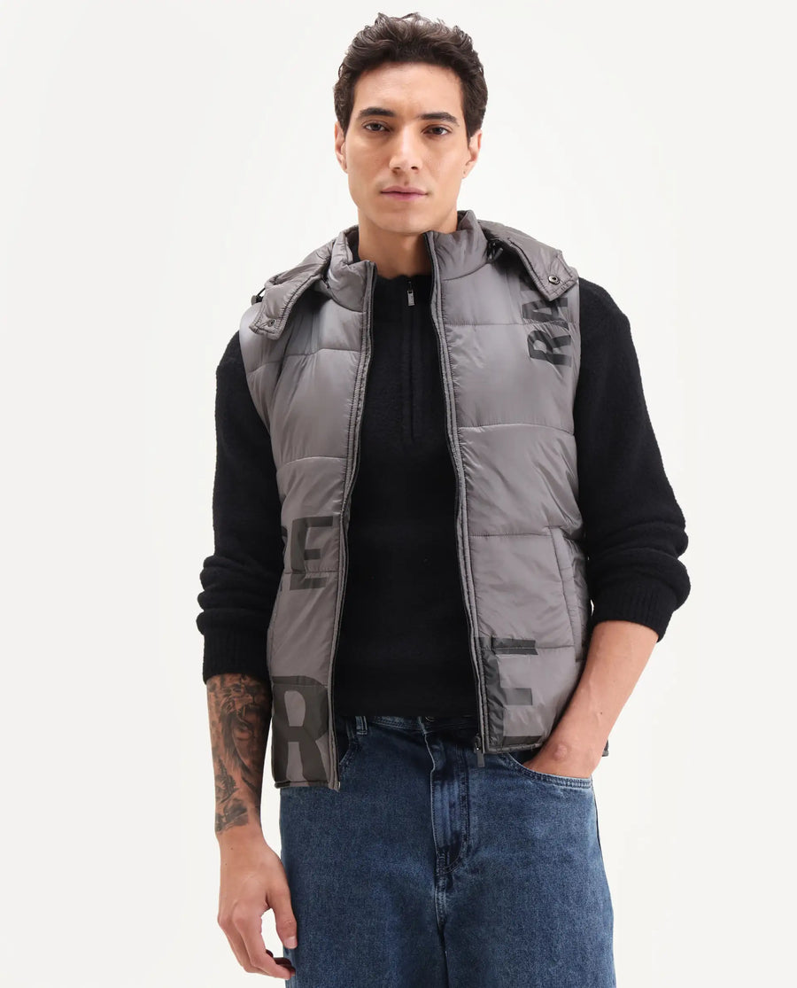 Rare Rabbit Men's Clovex Dark Grey Nylon Monogram Print Regular Fit Sleeveless Hooded Jacket