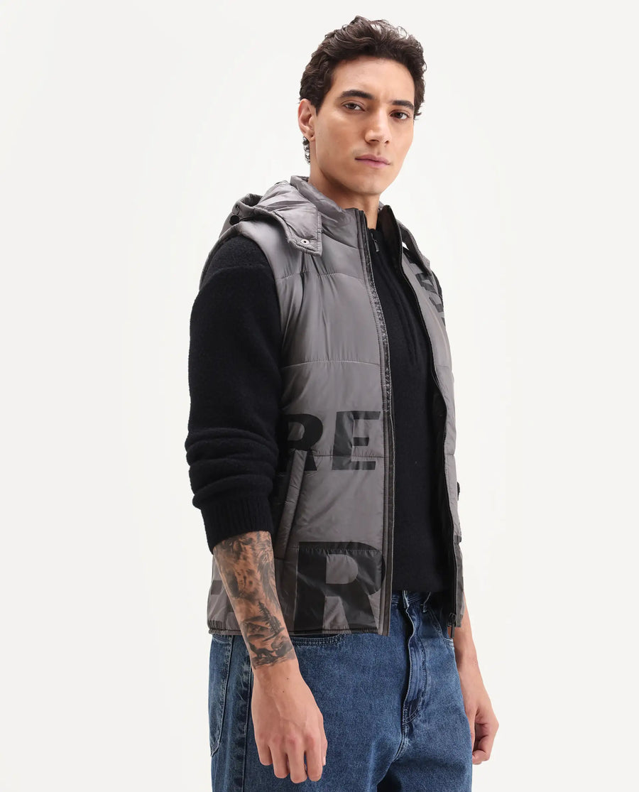 Rare Rabbit Men's Clovex Dark Grey Nylon Monogram Print Regular Fit Sleeveless Hooded Jacket
