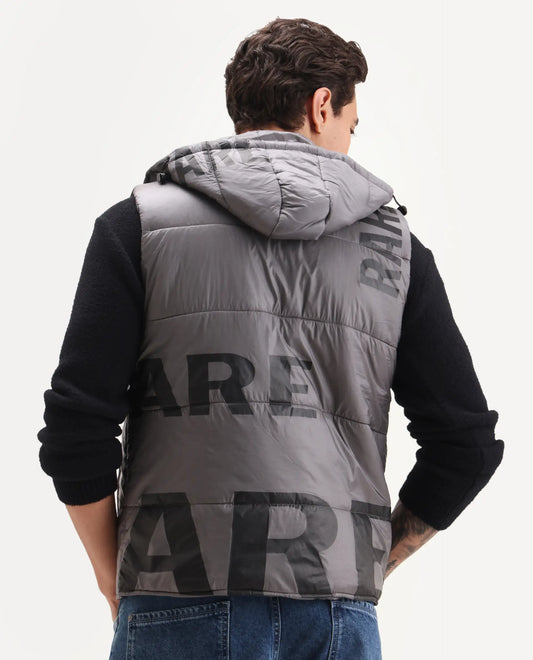 Rare Rabbit Men's Clovex Dark Grey Nylon Monogram Print Regular Fit Sleeveless Hooded Jacket