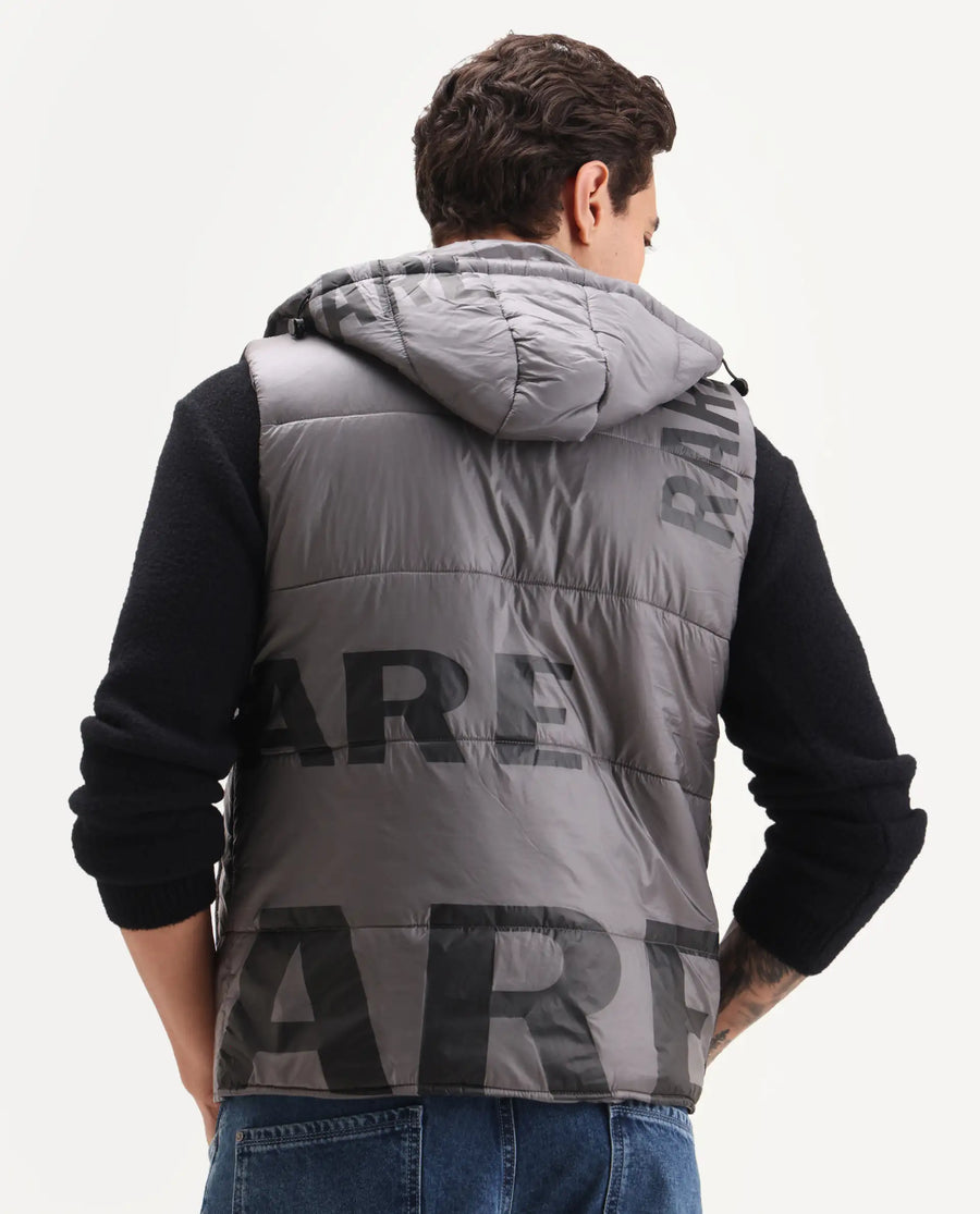 Rare Rabbit Men's Clovex Dark Grey Nylon Monogram Print Regular Fit Sleeveless Hooded Jacket