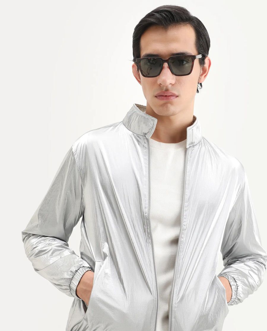 Rare Rabbit Men's Adler Gold Polyester Plain Regular Fit Full Sleeve Mandarin Collar Jacket