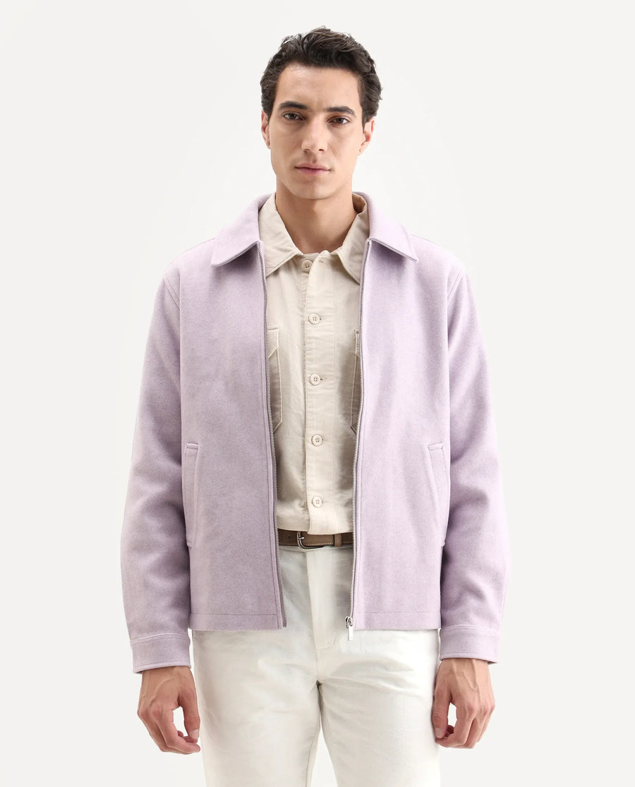 Rare Rabbit Men's Tweeder Pastel Purple Polyester Textured Regular Fit Full Sleeve Spread Collar Jacket