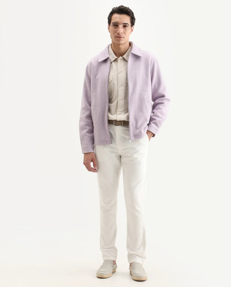 Rare Rabbit Men's Tweeder Pastel Purple Polyester Textured Regular Fit Full Sleeve Spread Collar Jacket