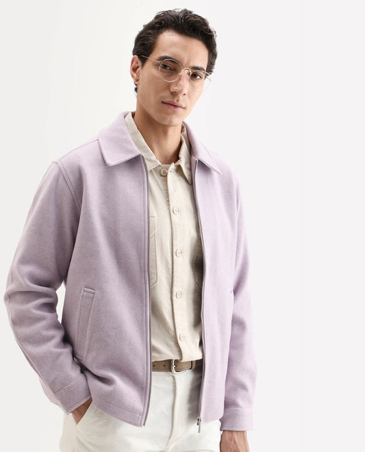Rare Rabbit Men's Tweeder Pastel Purple Polyester Textured Regular Fit Full Sleeve Spread Collar Jacket