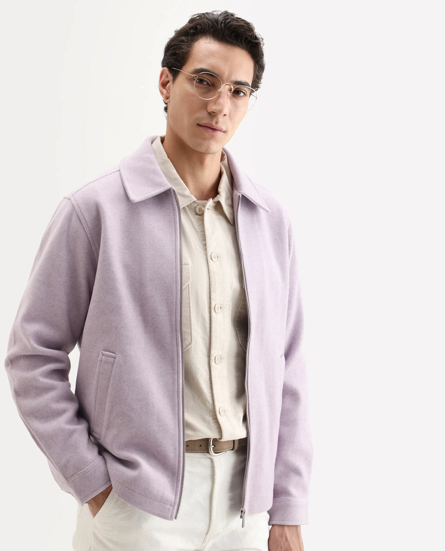 Rare Rabbit Men's Tweeder Pastel Purple Polyester Textured Regular Fit Full Sleeve Spread Collar Jacket