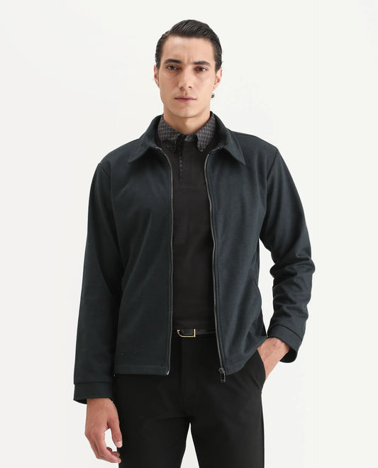 Rare Rabbit Men's Diaz Dark Petrol Polyester Plain Tailored Fit Full Sleeve Spread Collar Jacket