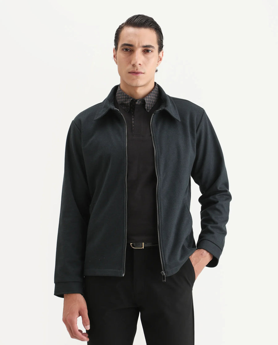 Rare Rabbit Men's Diaz Dark Petrol Polyester Plain Tailored Fit Full Sleeve Spread Collar Jacket