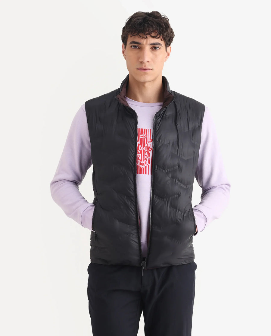 Rare Rabbit Men's Cog Black Polyester Plain Regular Fit Sleeveless High Neck Jacket