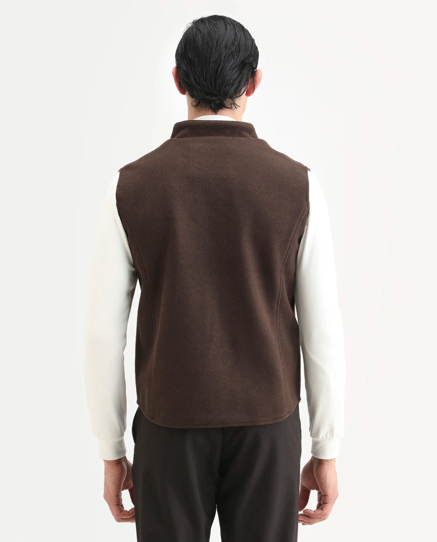 Rare Rabbit Men's Thermo Brown Polyester Plain Regular Fit Sleeveless High Neck Jacket