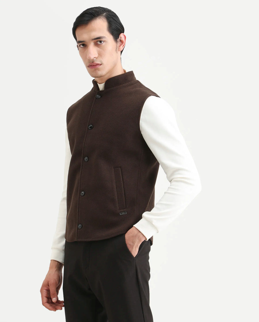 Rare Rabbit Men's Thermo Brown Polyester Plain Regular Fit Sleeveless High Neck Jacket