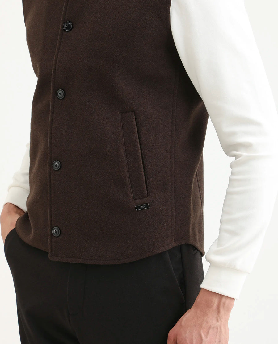 Rare Rabbit Men's Thermo Brown Polyester Plain Regular Fit Sleeveless High Neck Jacket