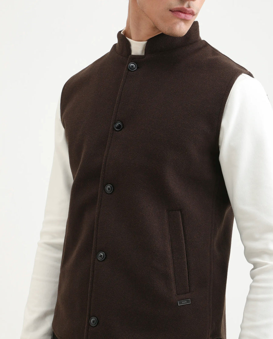 Rare Rabbit Men's Thermo Brown Polyester Plain Regular Fit Sleeveless High Neck Jacket
