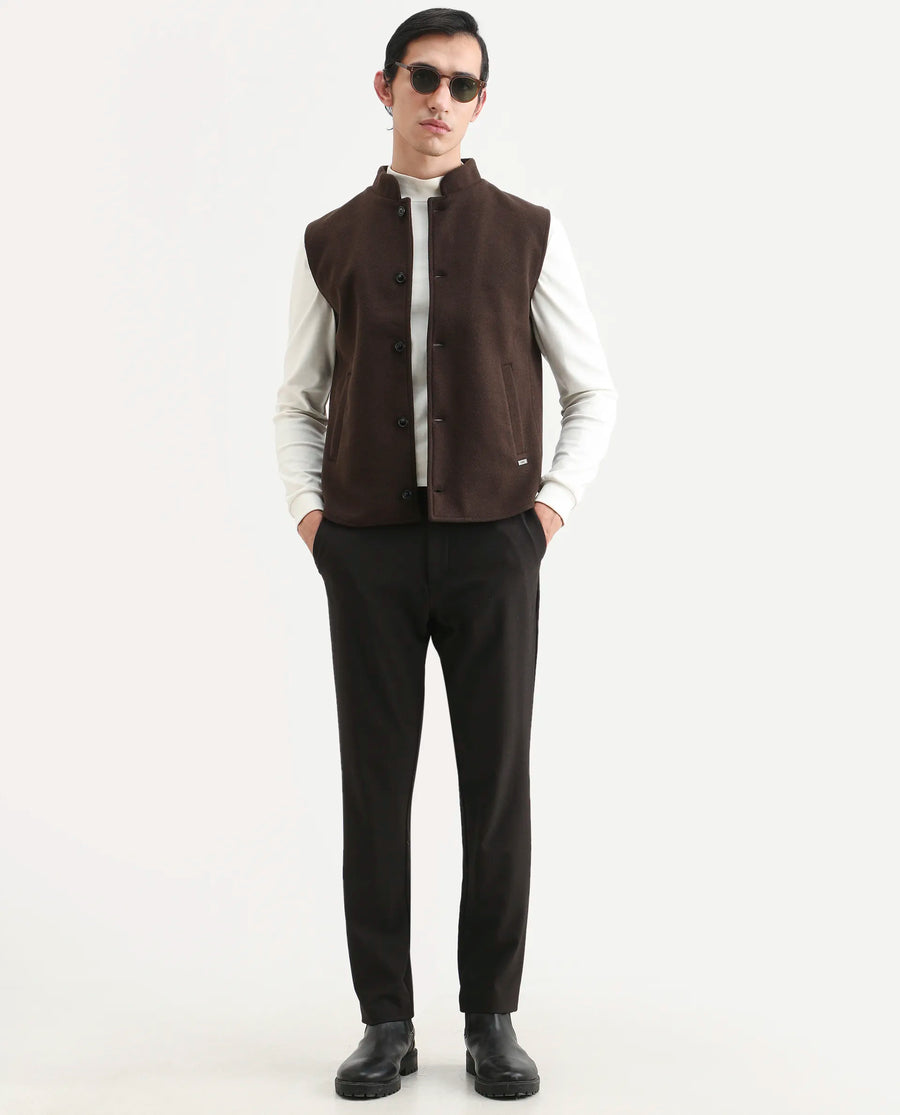 Rare Rabbit Men's Thermo Brown Polyester Plain Regular Fit Sleeveless High Neck Jacket